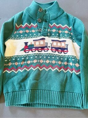 The Children's Place Teal Knit Sweater with Multicolor Train Motif